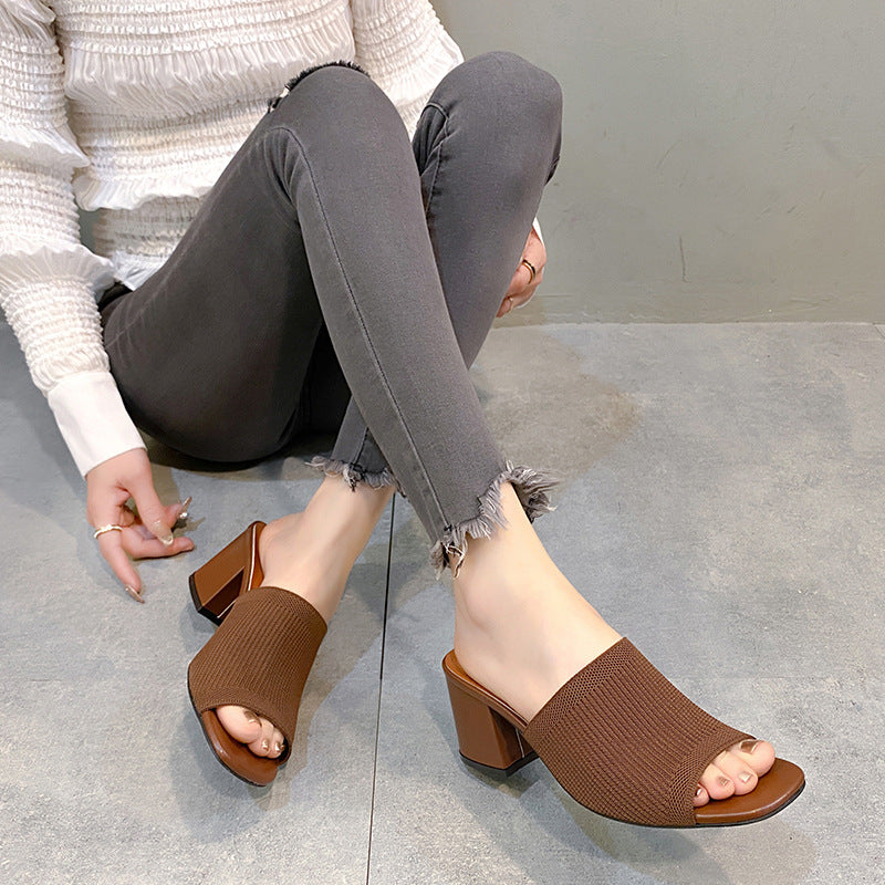 Damen Strick‑Mule mit offenem Zehenbereich und mittelhohem Blockabsatz Drune