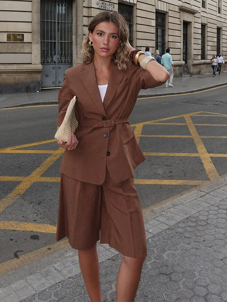 Damen Leinen-Mix taillierter Blazer mit Gürtel, 3/4-Ärmeln & Pattentaschen Drune
