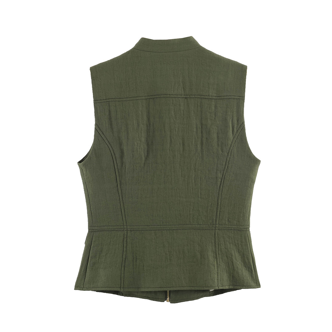 Damen nan taillierte Military-Weste mit Stehkragen, goldenen Zierknöpfen, Reißverschluss und aufgesetzten Klappentaschen Drune