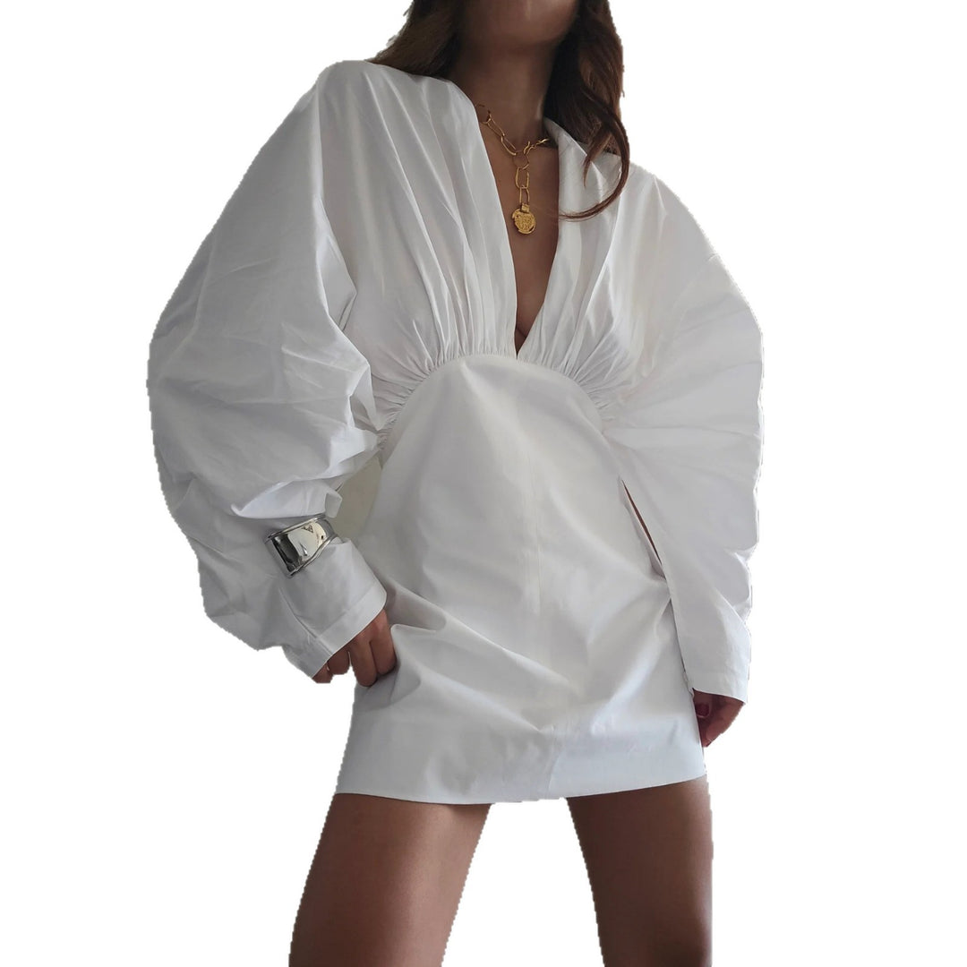 Damen Wickelkleid mit innovativem V-Ausschnitt und voluminösen Ärmeln Drune