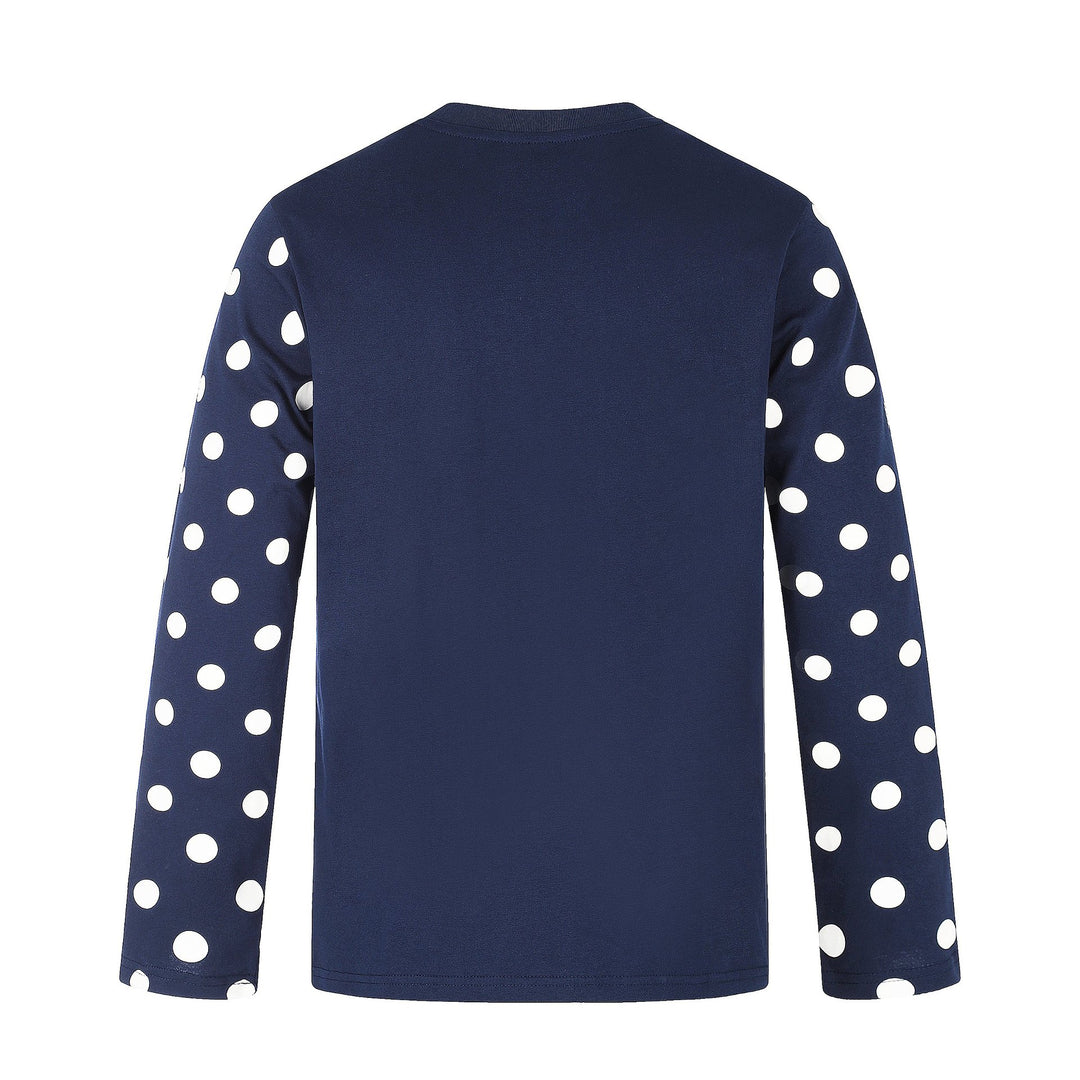 Damen Langärmliges Statement-Shirt mit Polka‑Dot-Ärmeln und Zahlendruck Drune