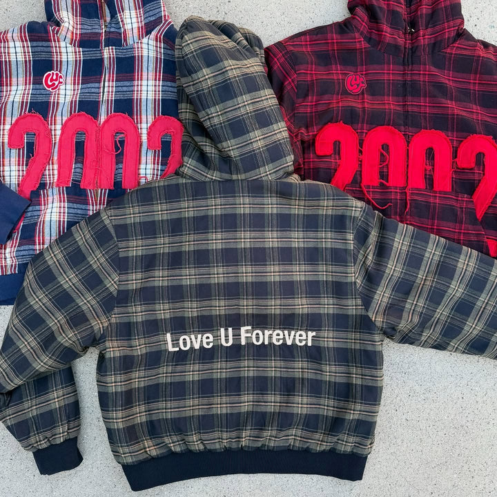 Unisex nan karierter Kapuzenpullover mit fransiger Jahreszahl-Applikation und Rippbündchen Drune