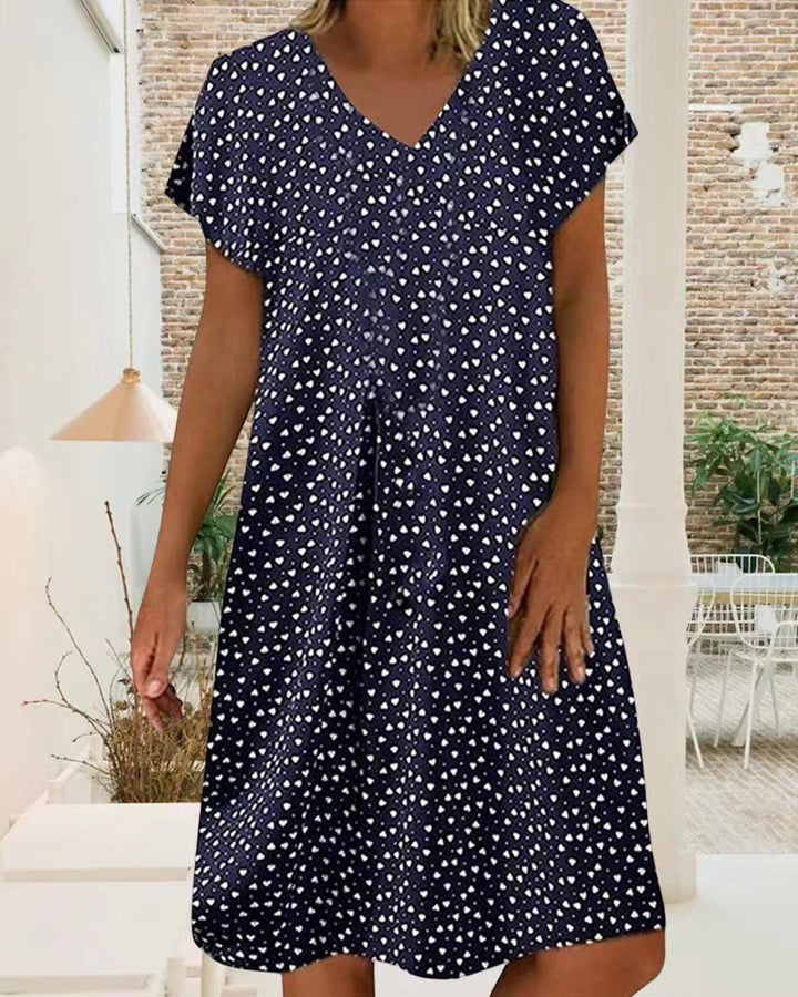 Damen nan locker fallendes V-Ausschnitt-Kurzkleid mit A-Linien-Schnitt, Cap-Ärmeln und Allover-Herzchenprint Drune