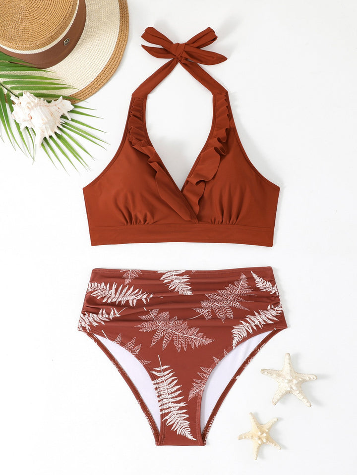 Damen Elegantes Hochgeschnittenes Bikiniset mit Rüschen Drune