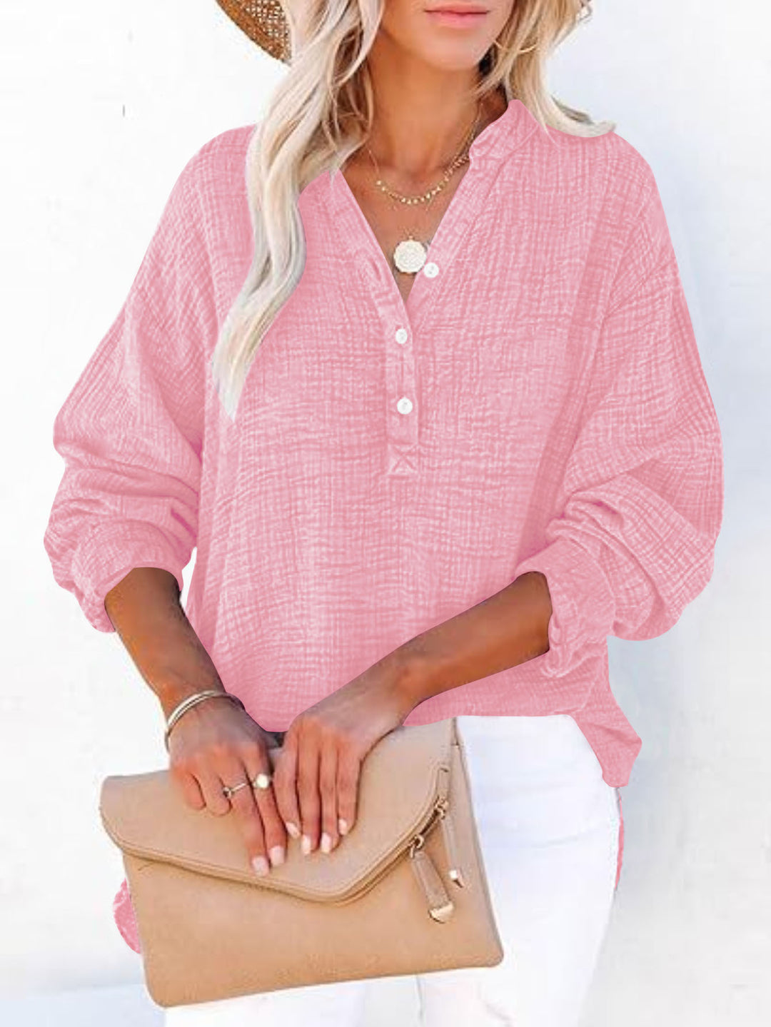 Damen Oversize Texturierte Baumwollbluse mit Henley-Knopfleiste Drune