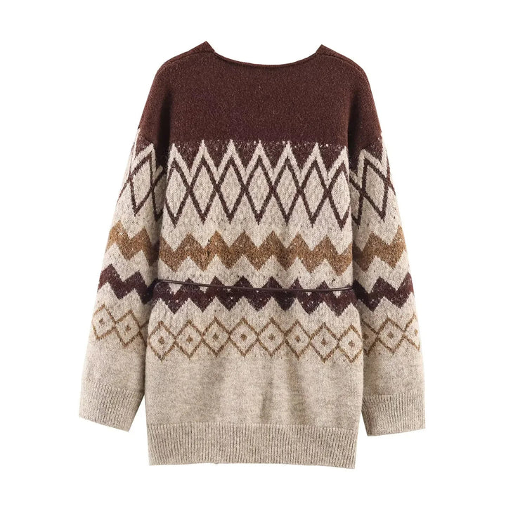 Damen nan Oversize Strickcardigan mit Norweger‑Muster, V‑Ausschnitt, Knopfleiste und Taillenbindegürtel Drune