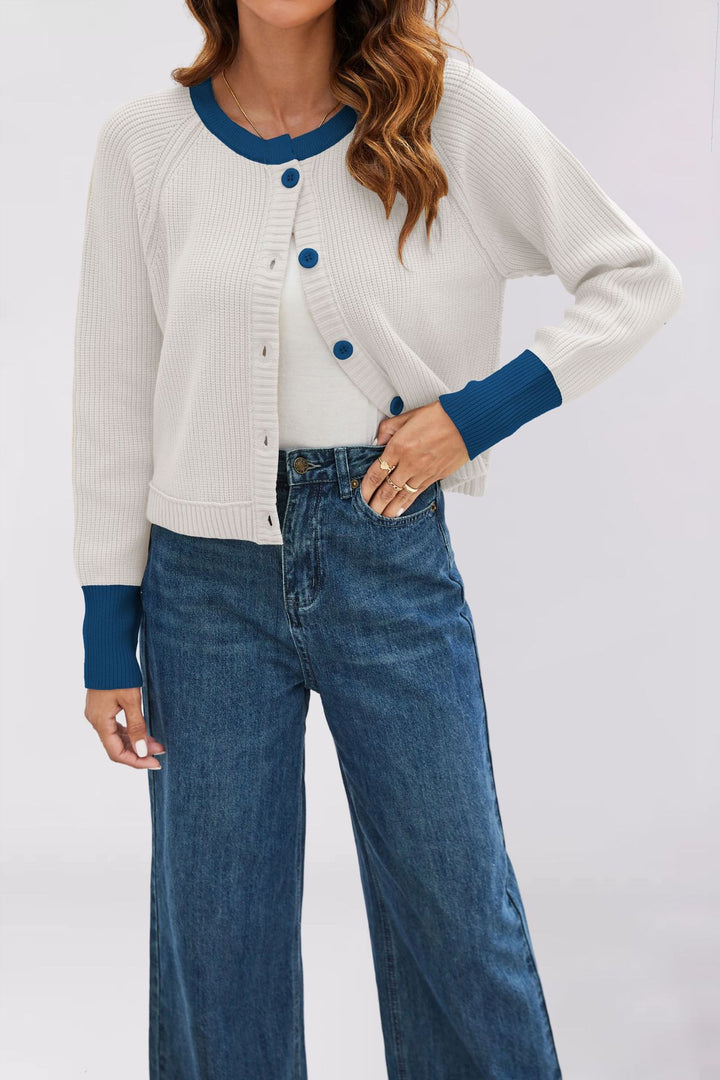Damen modische Strickjacke mit kontrastierenden Bündchen und Knopfdetails Drune
