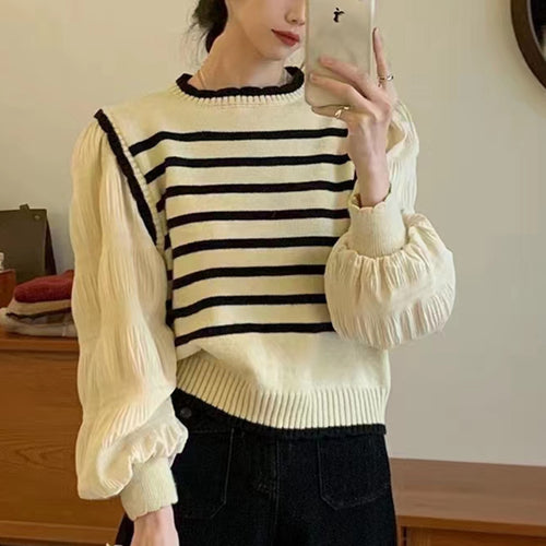Damen Streifenpullover mit Puffärmeln und Rippdetails Drune
