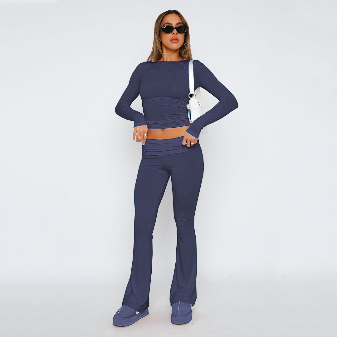 Damen Stretch Lounge Set mit kurzärmligem Oberteil und weit geschnittenen High-Waist-Hosen Drune