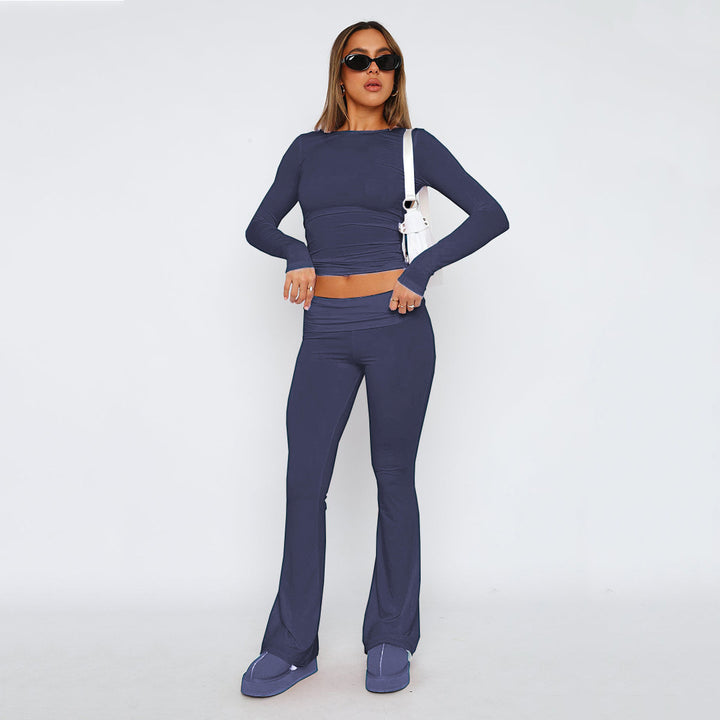 Damen Stretch Lounge Set mit kurzärmligem Oberteil und weit geschnittenen High-Waist-Hosen Drune