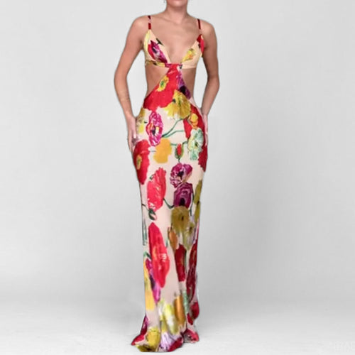 Damen Maxikleid mit raffiniertem Cut-Out-Design und floralen Akzenten Drune