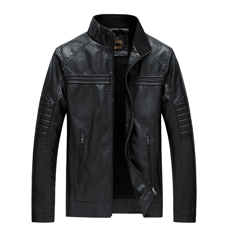 Herren Slim-Fit Kunstleder-Motojacke mit Stehkragen und gesteppter Ärmelpasse Drune