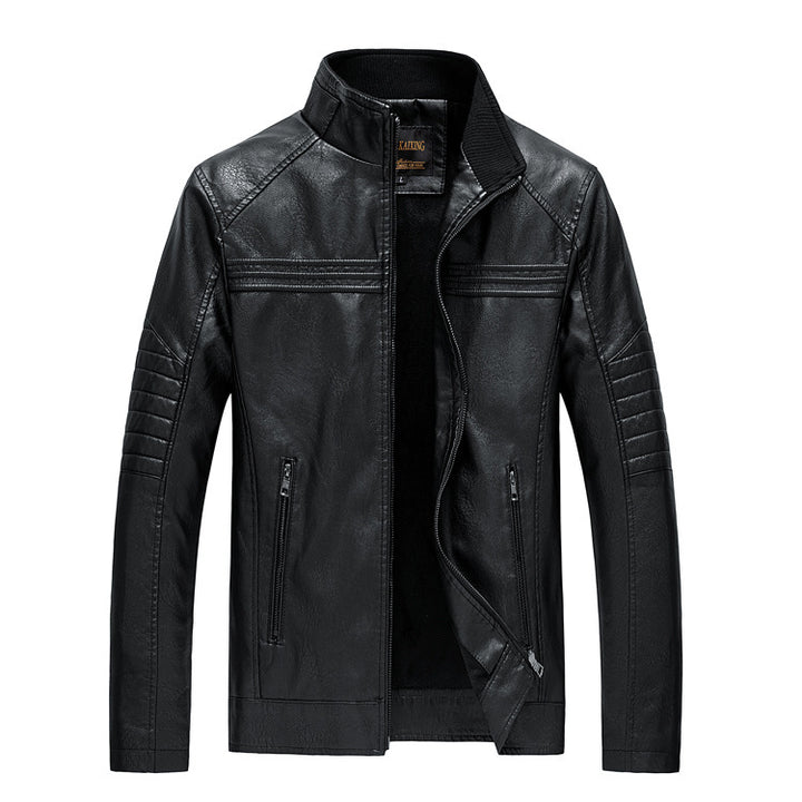 Herren Slim-Fit Kunstleder-Motojacke mit Stehkragen und gesteppter Ärmelpasse Drune