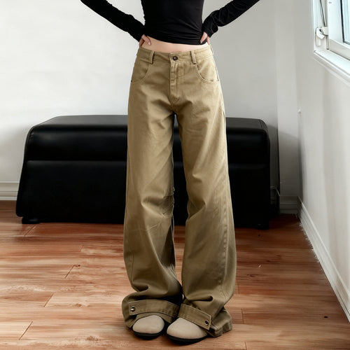 Damen Weite High‑Waist Schlaghose mit verstellbaren Knopfmanschetten und Knieabnähern Drune