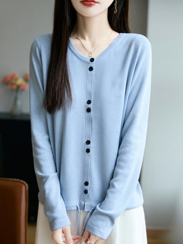 Damen Leichter Feinstrick-Knopfleisten-Cardigan mit Rundhalsausschnitt Drune