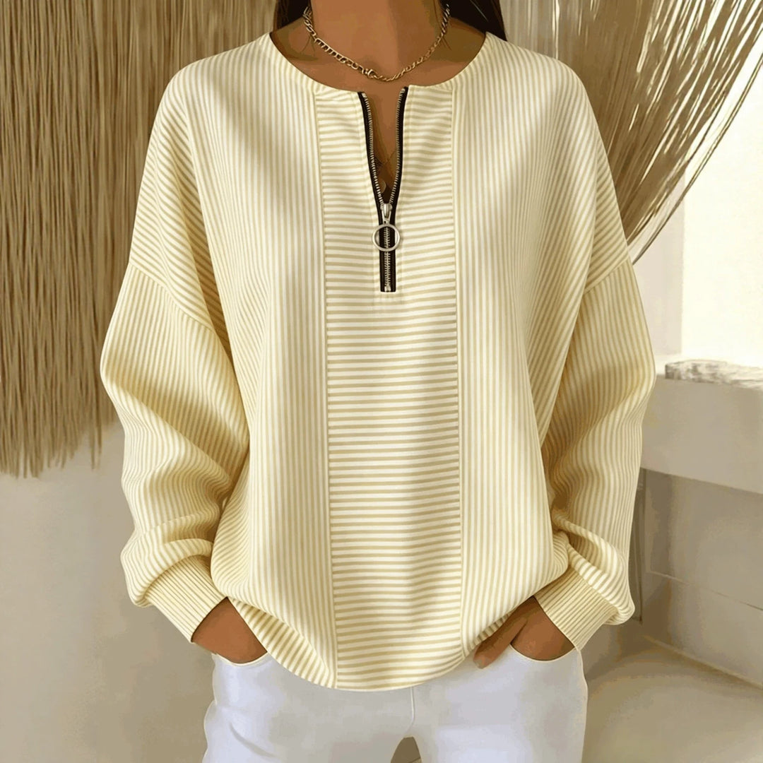 Damen Oversize Pullover mit feiner Rippstruktur und kurzem Zipper Drune