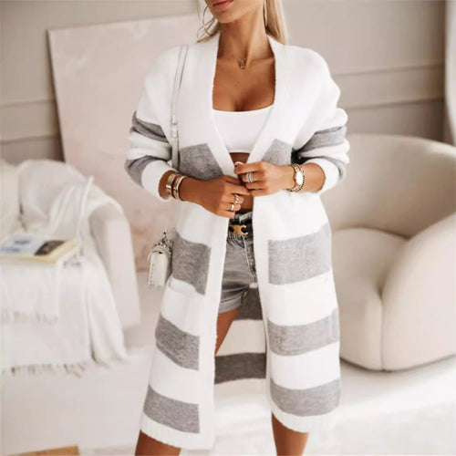 Damen lässiger Strickmantel mit großen Streifen Drune