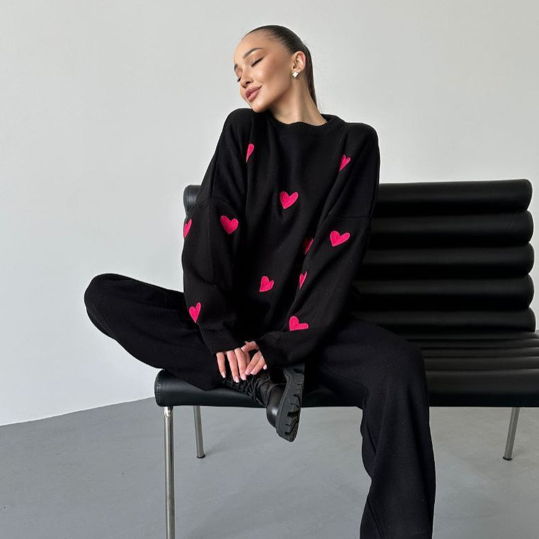 Damen lässiger Strickpullover mit Herzmotiven Drune
