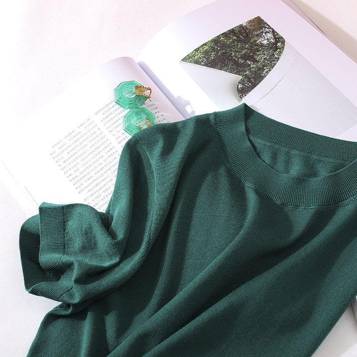 Damen Leichtes Kurzarm-Stricktop aus feinem Jersey mit Rundhals und Saumblende Drune