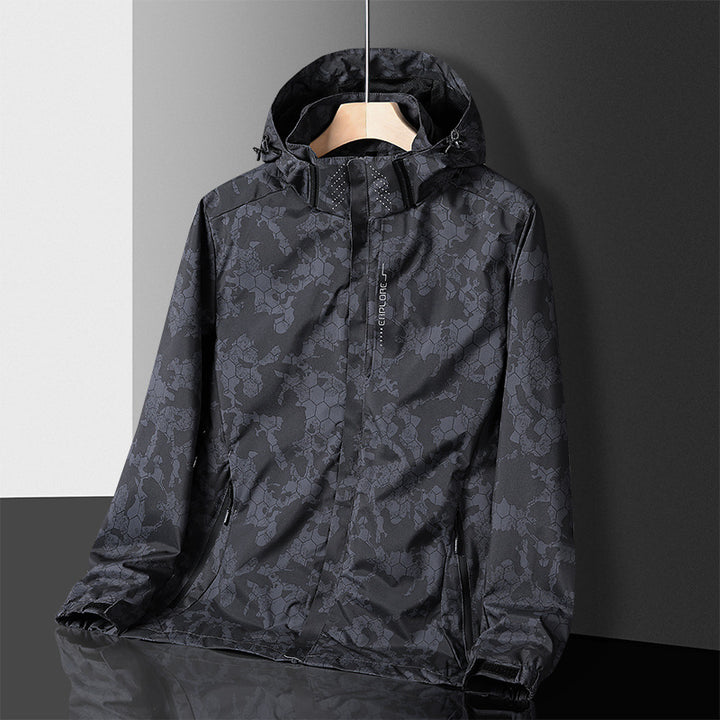 Herren leichter wasserdichter Softshell‑Hoodie mit Kapuze und Tarn‑Hex‑Alloverprint Drune