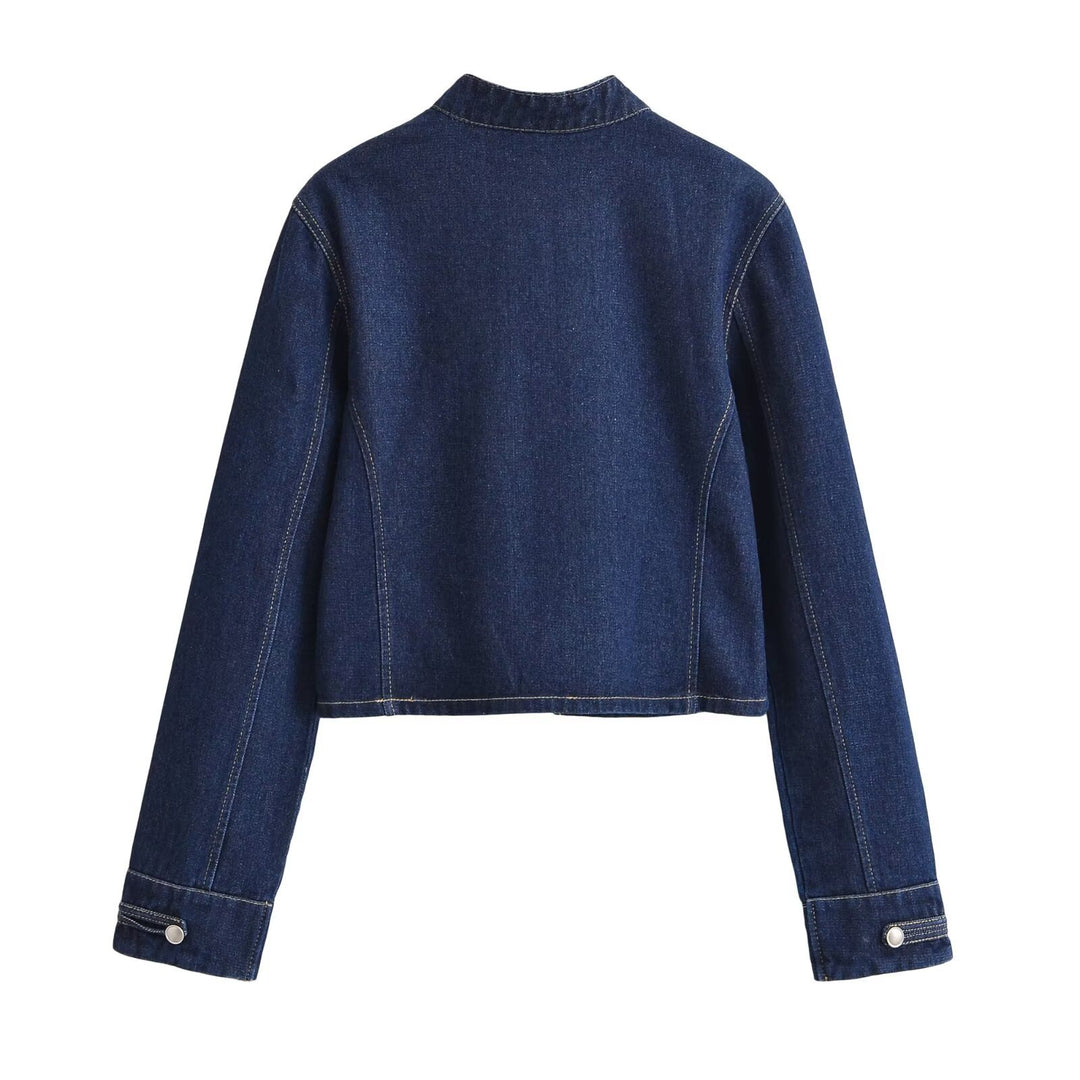 Damen Jeansjacke im Military‑Stil mit Stehkragen und dekorativen Reihen‑Druckknöpfen Drune