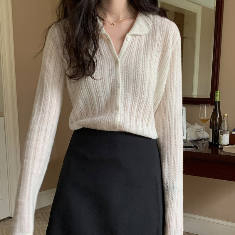 Damen Leichter Ajourstrick-Knopfccardigan mit Hemdkragen und feiner Zopfmusterstruktur Drune