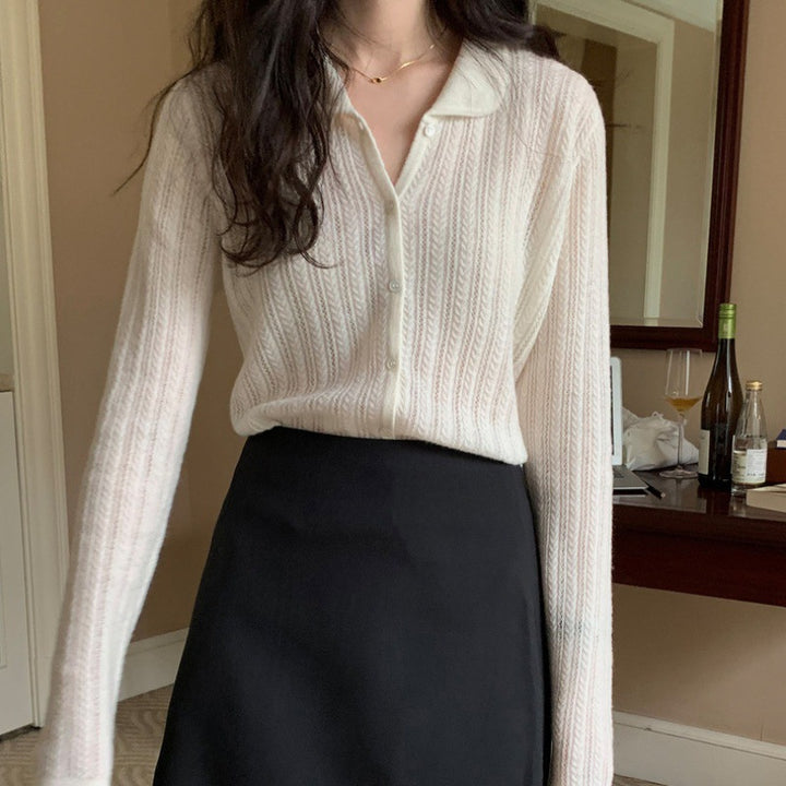 Damen Leichter Ajourstrick-Knopfccardigan mit Hemdkragen und feiner Zopfmusterstruktur Drune