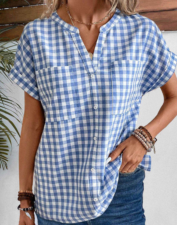 Damen Karobluse mit leichtem Baumwollstoff und modischem Button-Up-Design Drune