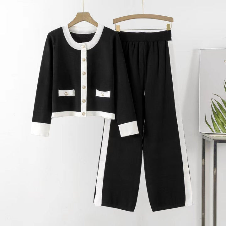 Damen Strick-Loungewear-Set mit dekorativen Knöpfen und seitlichem Schlitz Drune