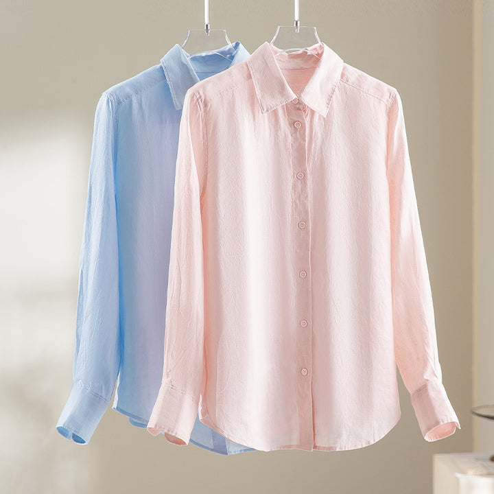Damen Locker fallende Leinenmix-Bluse mit Hemdkragen und Manschetten Drune