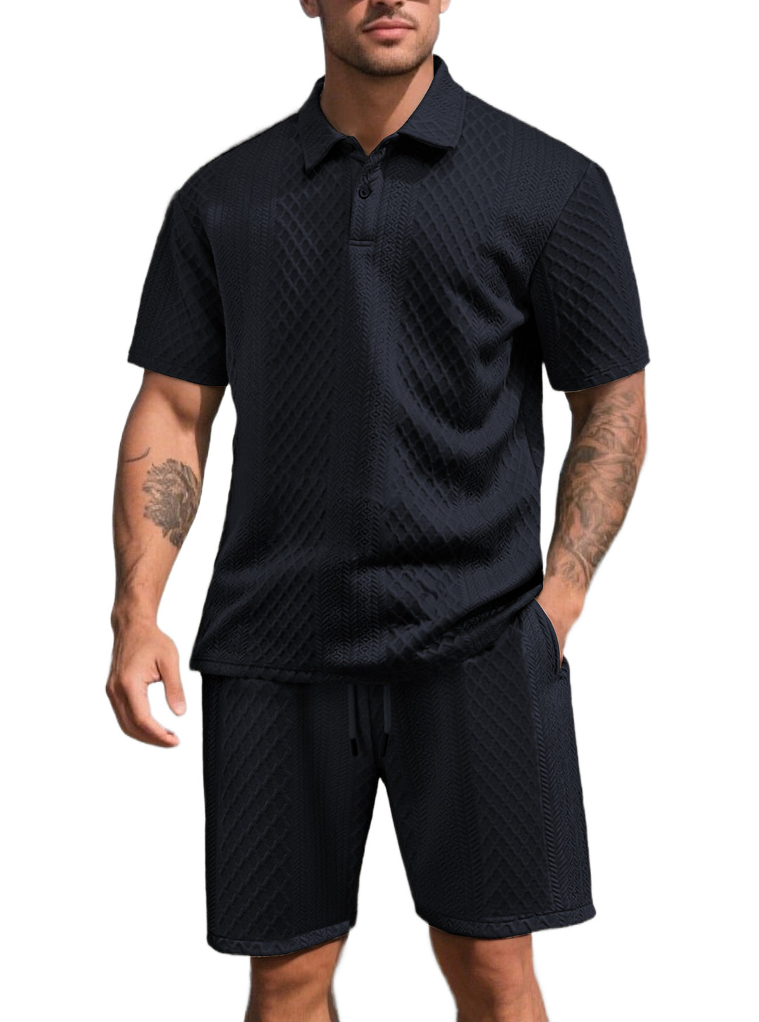 Herren nan dreidimensionales Relief-Freizeit-Set mit Polokragen, verdeckter Knopfleiste und elastischer Tunnelzugshorts Drune