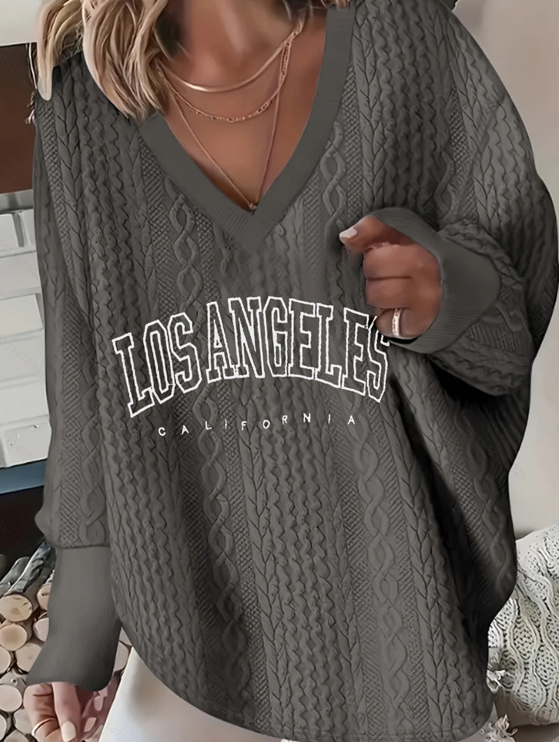 Damen nan Oversize-Zopfmuster-Strickpullover mit V-Ausschnitt und Logo-Print Drune