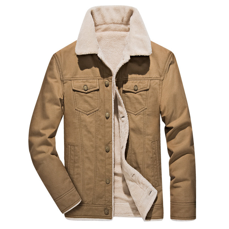 Herren Canvas-Truckerjacke mit durchgehendem Sherpa-Innenfutter und Umlegekragen Drune