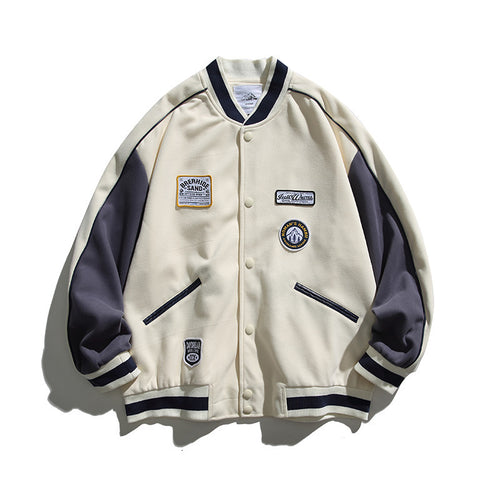 Unisex Boxy College-Bomberjacke mit Badge-Applikationen und kontrastierenden Rippabschlüssen Drune