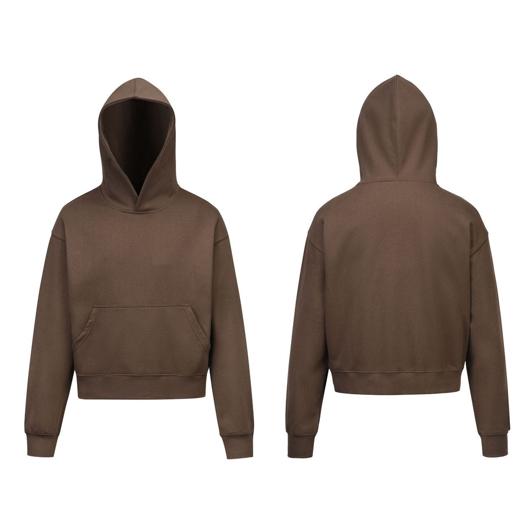 Damen nan kurzgeschnittener Boxy-Kapuzenpullover mit Kängurutasche und geripptem Komfortbund Drune