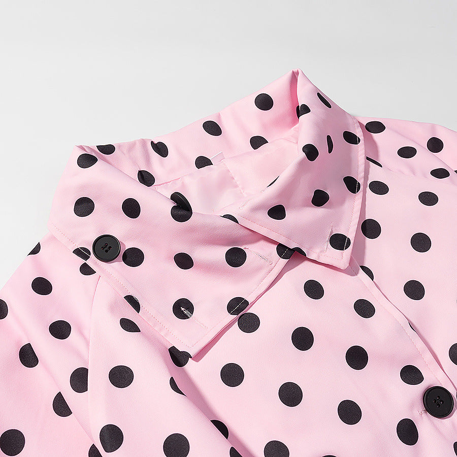 Damen Kurztrenchjacke im Polka‑Dot‑Muster, doppelreihig mit Taillengürtel Drune