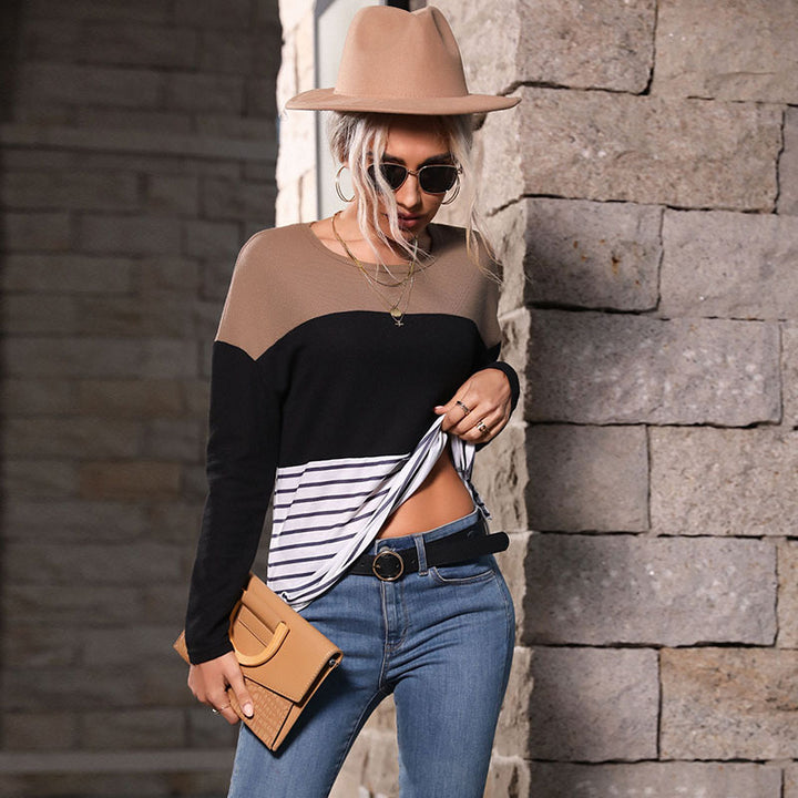 Damen Leichtes Rundhals‑Strickshirt mit Waffelstruktur‑Schulter und maritimem Streifenbund Drune