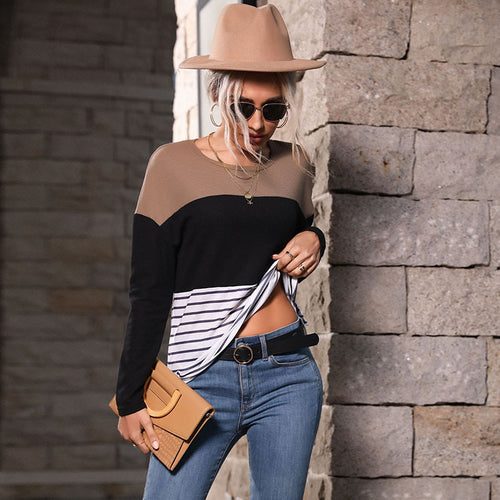 Damen Leichtes Rundhals‑Strickshirt mit Waffelstruktur‑Schulter und maritimem Streifenbund Drune