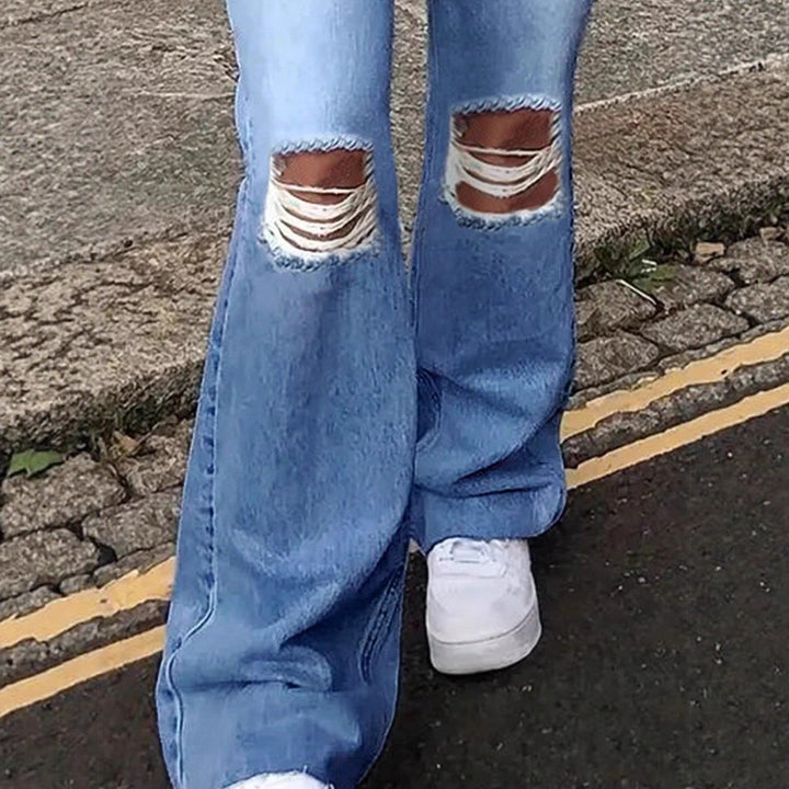 Damen Hochtaillierte Flared-Jeans im Retro-Schnitt mit Knie-Rip und verlängertem Saum Drune