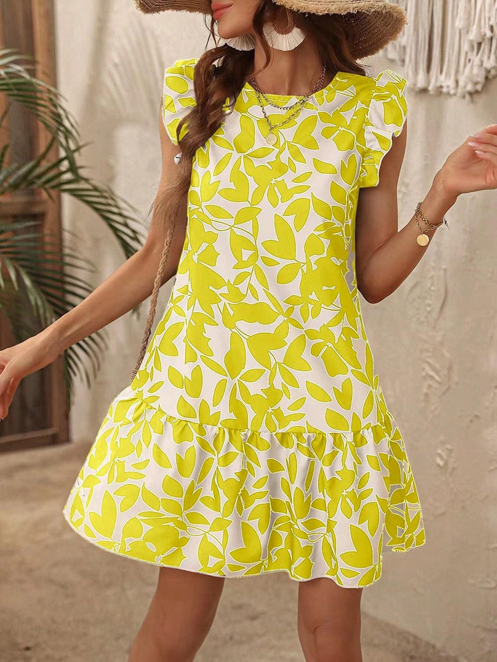 Damen Leichtes Stufen‑Kurzkleid mit Rüschenärmeln und botanischem Print Drune