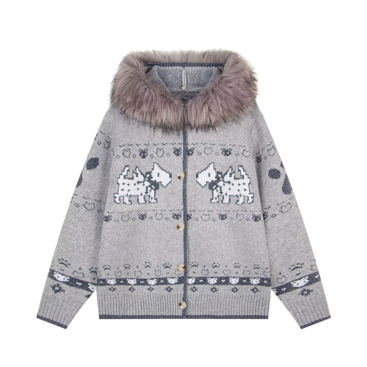 Damen Gemütliche Strickjacke mit Tiermuster und Pelzkragen Drune