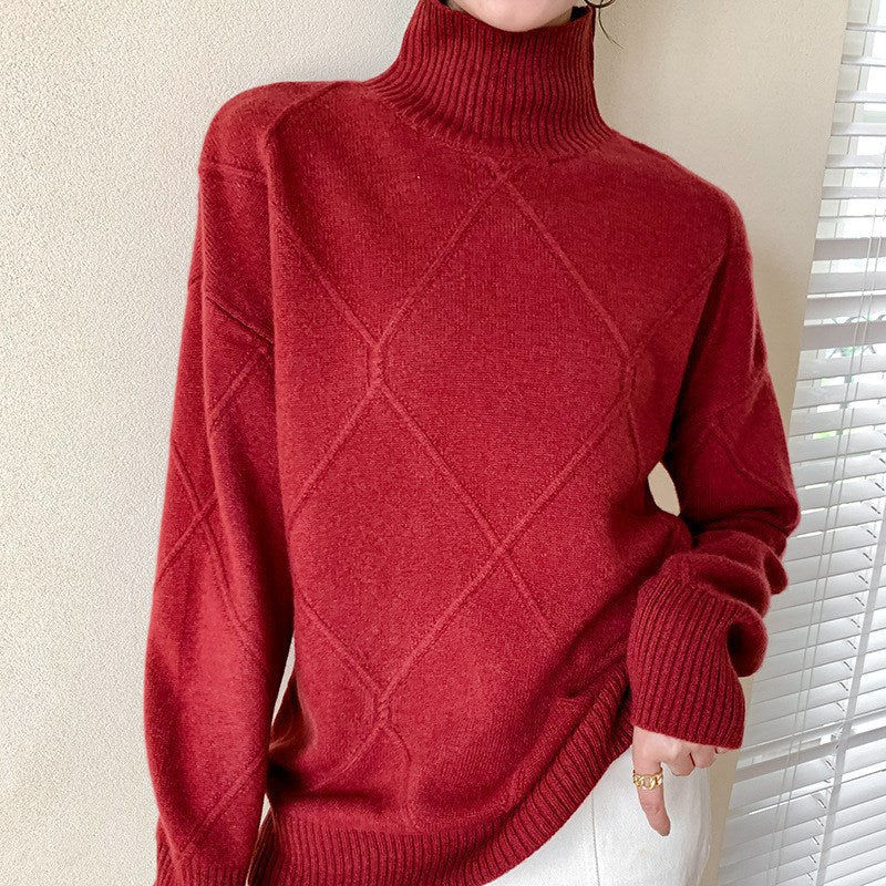 Damen Pullover mit hochgeschlossenem Kragen und strukturiertem Rautenmuster Drune