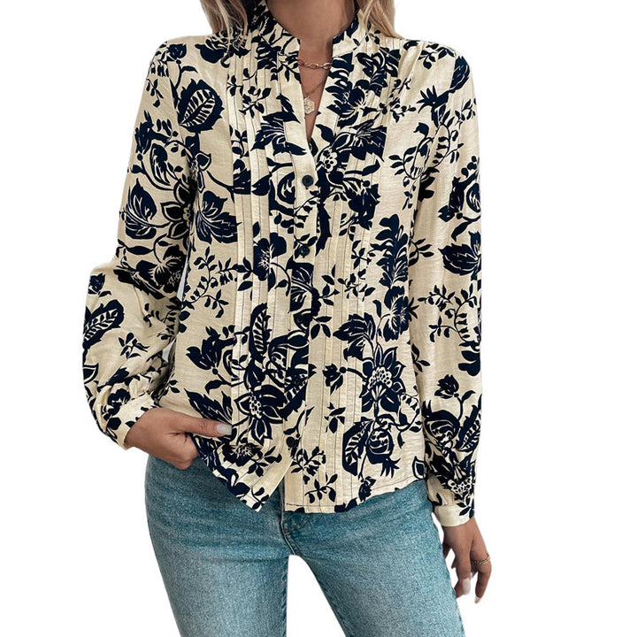 Damen Bluse mit floralem Design und Stehkragen Drune