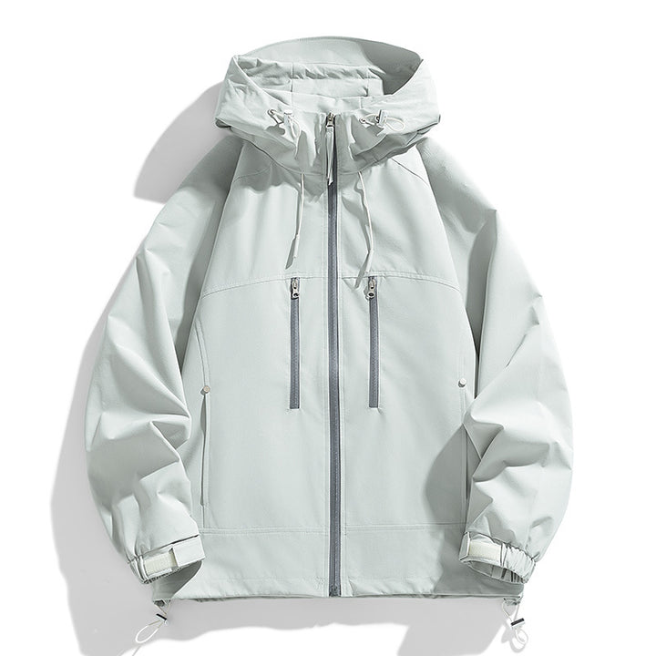 Unisex leichte wasserabweisende Kapuzenjacke mit zwei vertikalen Brustreißverschlusstaschen und verstellbarem Saum Drune