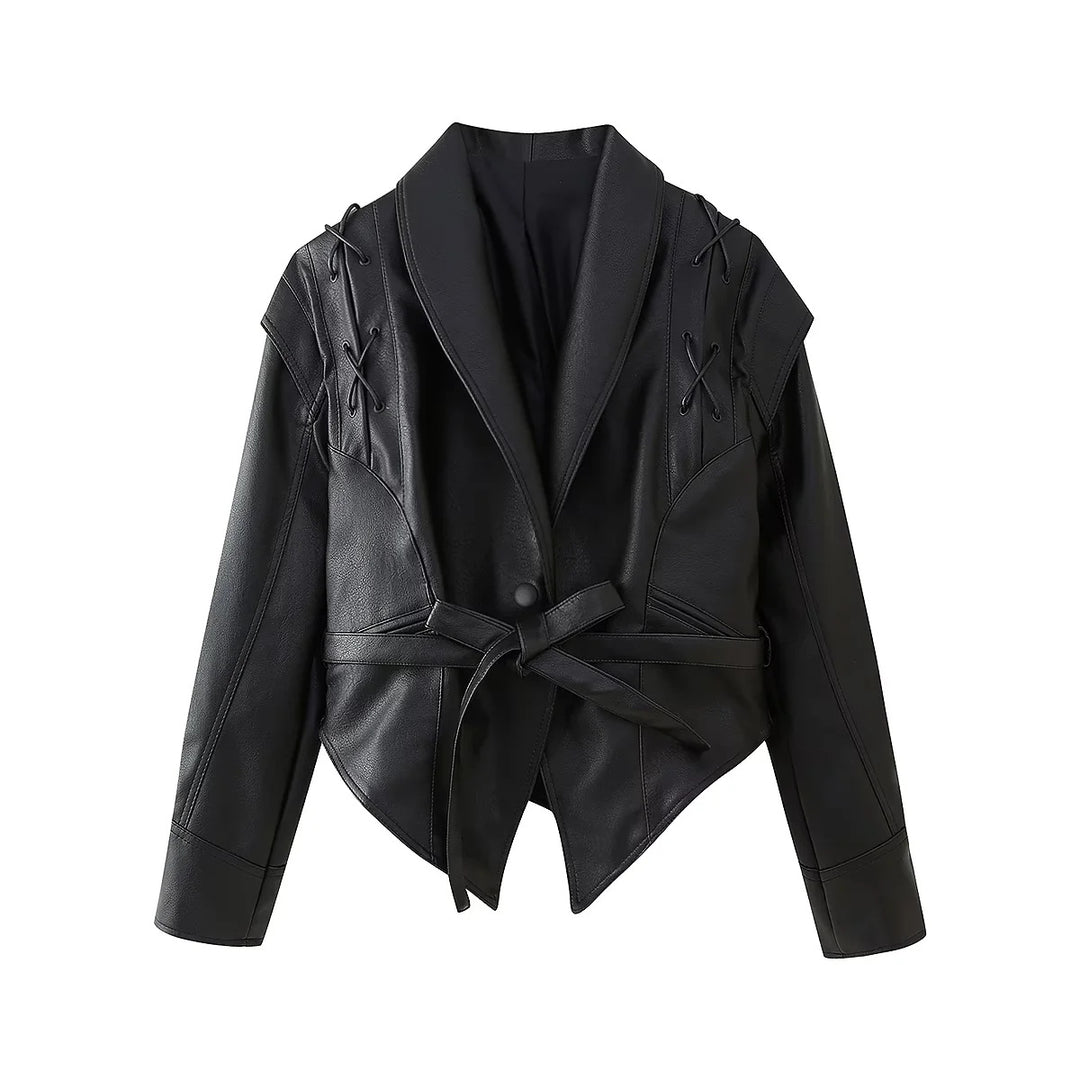 Damen nan taillierter Cropped‑Blouson aus veganem Leder mit Schalkragen, Schnürdetail und Bindegürtel Drune