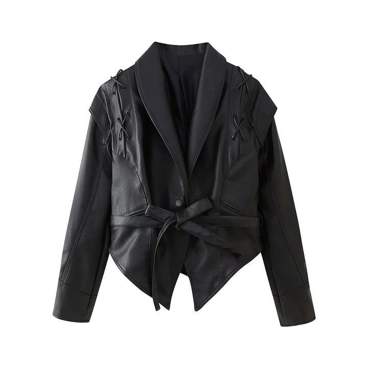 Damen nan taillierter Cropped‑Blouson aus veganem Leder mit Schalkragen, Schnürdetail und Bindegürtel Drune