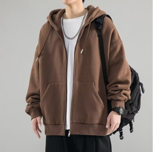 Herren nan Oversize-Kapuzenjacke mit durchgehendem Reißverschluss, doppellagiger Kapuze und Kängurutaschen Drune