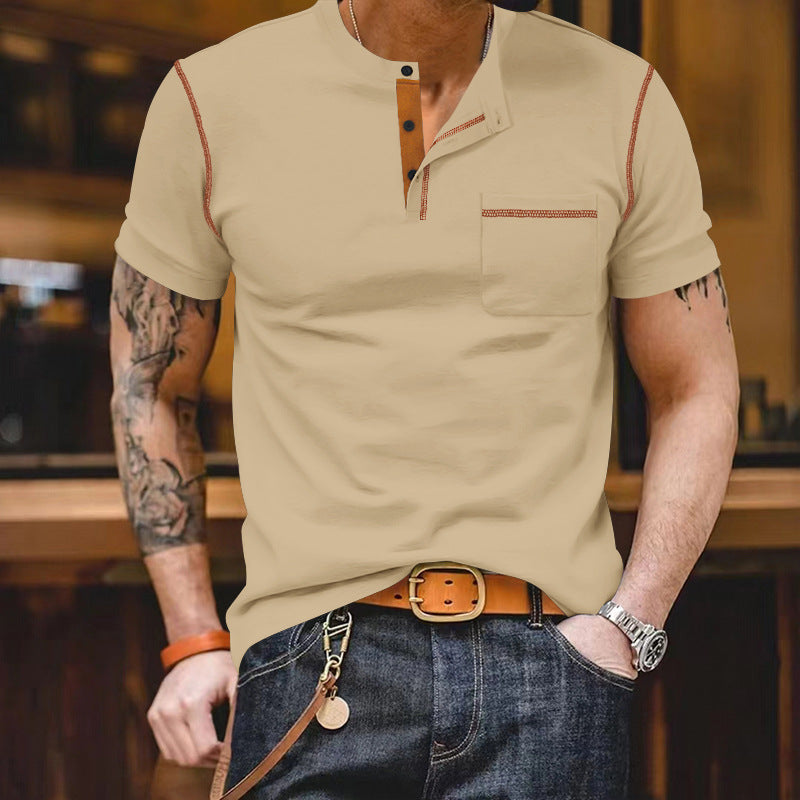 Herren nan urbanes Kurzarmshirt mit Stehkragen, halber Knopfleiste und Brusttasche Drune