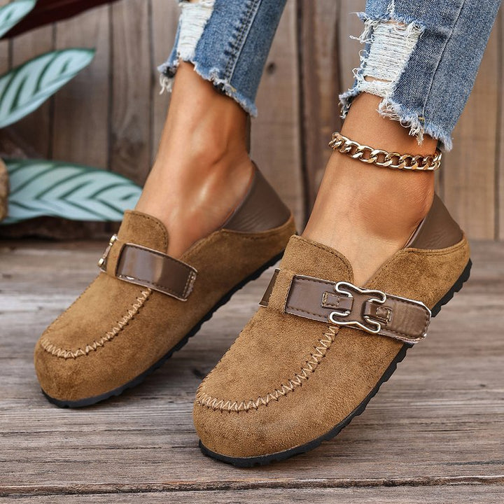 Damen Mokassin-Slipper aus Veloursleder mit dekorativer Metall-Schnalle Drune