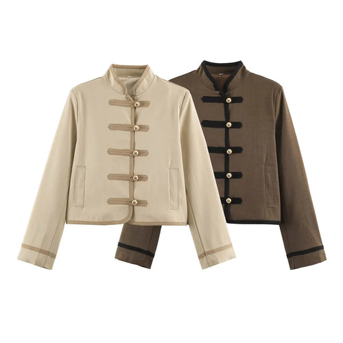 Damen nan chinesisch inspirierte Kurzjacke mit Stehkragen und dekorativen Kordelknöpfen Drune